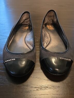 Coach Black Canvas Flats with Patent Cap Toe